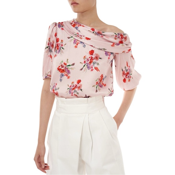 AMUR Betty Off The Shoulder Top / Baby Pink Floral Satin Blouse Size Large‎ $339 - Picture 2 of 8